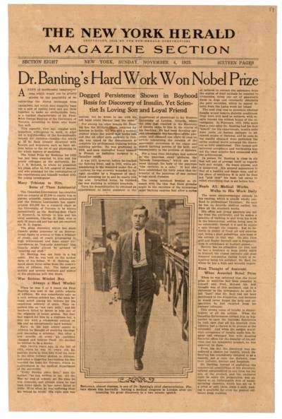 The New York Herald -lehden kellastunut etusivu vuodelta 1923, uutiskuvassa Frederick Banting kävelee kadulla puku päällä. Otsikko: Cr. Banting's Hard Work Won Nobel Prize.